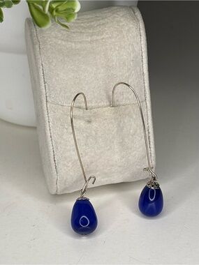 Long Silver Threader Earrings Royal Blue Teardrop Dangle Drop Boho Elegant